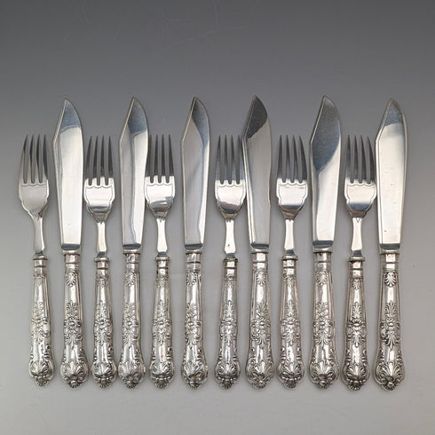 1909 British Antique Sterling Silver Handle Fish Cutlery 6 Pair Harrison Fisher